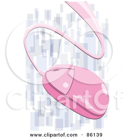 Royalty-Free (RF) Clipart Illustration of a Shiny Pink Corded Computer Mouse Over Purple And White by mayawizard101