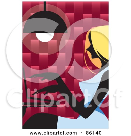 Royalty-Free (RF) Clipart Illustration of a Blond Woman In A Blue Dress, Working On A Laptop by mayawizard101