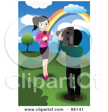 Royalty-Free (RF) Clipart Illustration of a Camera Man Recording A News Reporter By A Rainbow by mayawizard101