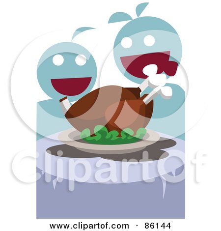 Royalty-Free (RF) Clipart Illustration of Two Hungry People Ready To Eat A Turkey Meal by mayawizard101