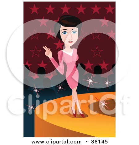 Royalty-Free (RF) Clipart Illustration of a Female Model Posing In A Pink Dress At The End Of A Cat Walk by mayawizard101