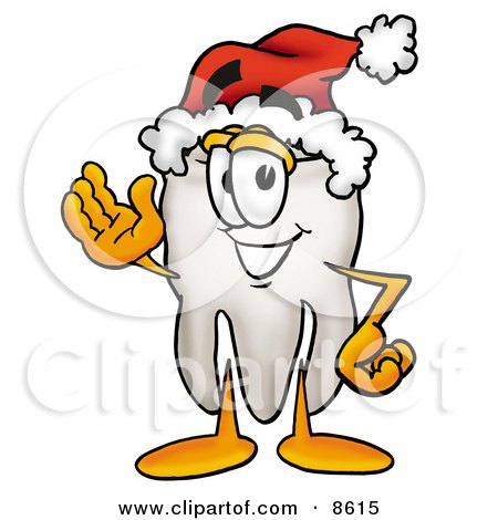 Clipart Picture of a Tooth Mascot Cartoon Character Wearing a Santa Hat and Waving by Mascot Junction