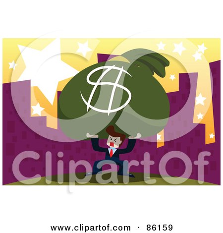 Royalty-Free (RF) Clipart Illustration of a Businessman Trying To Carry A Giant Money Bag Through A City by mayawizard101