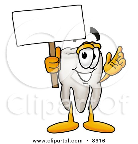Clipart Picture of a Tooth Mascot Cartoon Character Holding a Blank Sign by Mascot Junction