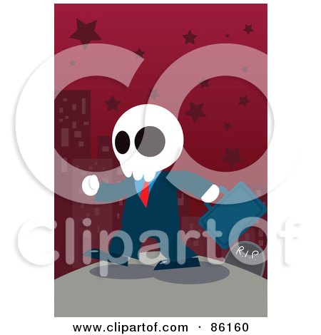 Royalty-Free (RF) Clipart Illustration of a Ghostly Businessman Walking By A Gravestone In A Red Starry City by mayawizard101
