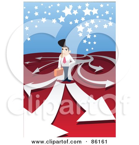 Royalty-Free (RF) Clipart Illustration of a Businessman Standing On Arrows That Fork Off Into Different Directions by mayawizard101