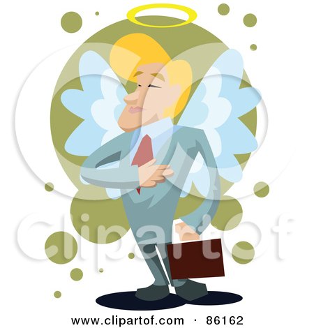 Royalty-Free (RF) Clipart Illustration of a Blond Businessman With Angel Wings And A Halo, Holding His Hand To His Ches by mayawizard101