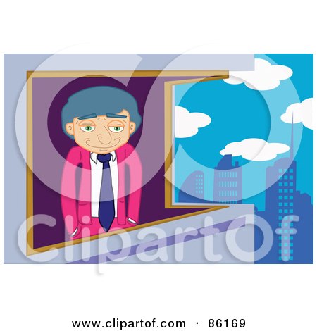 Royalty-Free (RF) Clipart Illustration of a Caucasian Businessman Gazing Out His Highrise Window by mayawizard101
