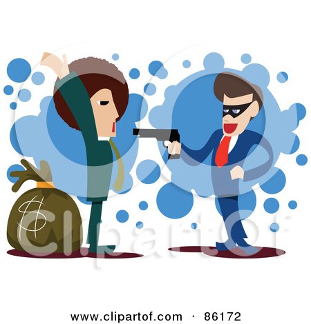 Royalty-Free (RF) Clipart Illustration of a Caucasian Businessman Pointing A Gun And Stealing A Bag Of Money From Another Man by mayawizard101