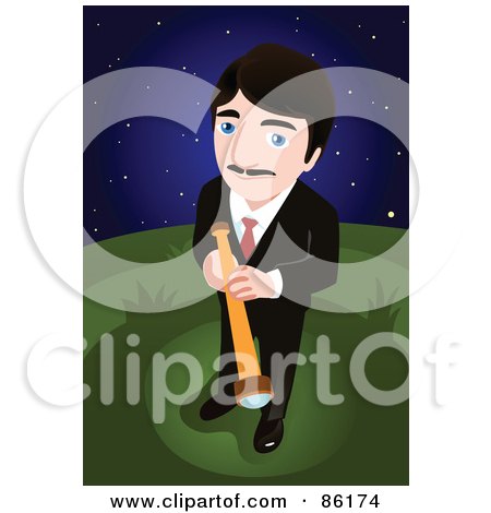 Royalty-Free (RF) Clipart Illustration of a Businessman Standing Outside At Night Wiith A Telescope by mayawizard101