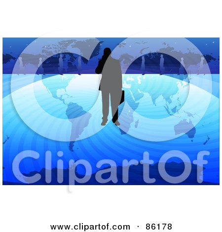 Royalty-Free (RF) Clipart Illustration of a Silhouetted Businessman Standing Over A Lined Atlas by mayawizard101