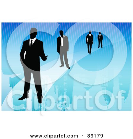 Royalty-Free (RF) Clipart Illustration of Four Silhouetted Business Men Over A Lined Skyscraper Background by mayawizard101