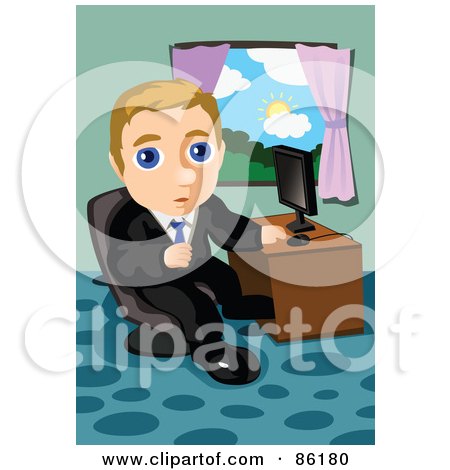 Royalty-Free (RF) Clipart Illustration of a Blond Businessman Seated At A Computer Desk By A Window by mayawizard101
