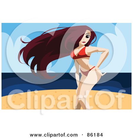 Royalty-Free (RF) Clipart Illustration of a Brunette Woman With Long Hair, Posing In A Red Bikini On A Beach by mayawizard101