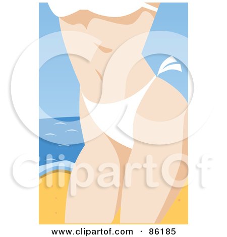 Royalty-Free (RF) Clipart Illustration of a Closeup Of A Woman's Torso In A White Bikini On A Beach by mayawizard101