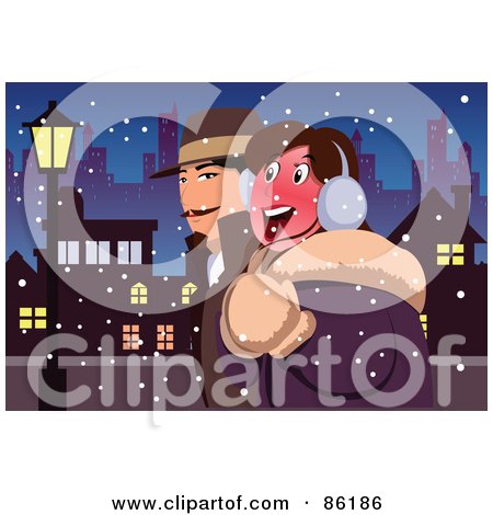 Royalty-Free (RF) Clipart Illustration of a Happy Couple Wearing Coats And Walking On A Snowy Urban Night by mayawizard101