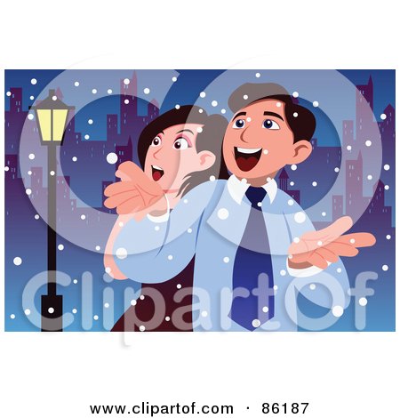 Royalty-Free (RF) Clipart Illustration of a Happy Caucasian Couple Holding Their Hands Out On A Snowy Urban Night by mayawizard101