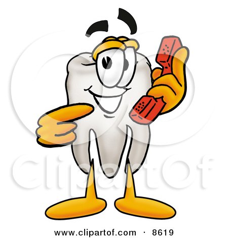 Clipart Picture of a Tooth Mascot Cartoon Character Holding a Telephone by Mascot Junction