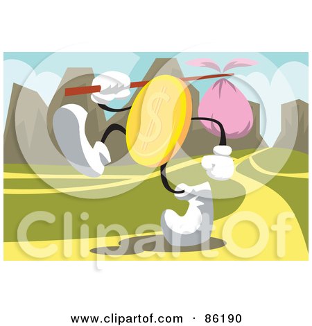 Royalty-Free (RF) Clipart Illustration of a Golden Coin Walking Wth A Sack by mayawizard101