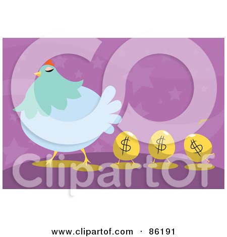 Royalty-Free (RF) Clipart Illustration of Golden Dollar Eggs Following A Blue Hen by mayawizard101