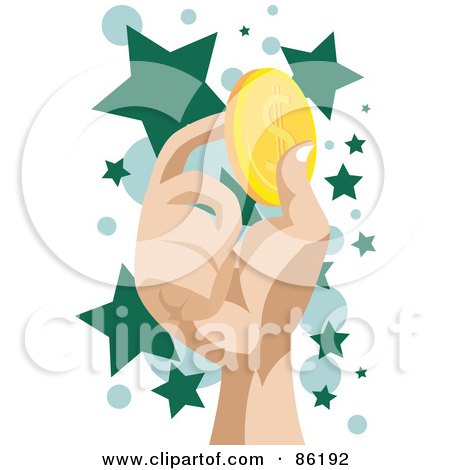 Royalty-Free (RF) Clipart Illustration of a Hand Holding Up A Golden Coin, Over Green Stars by mayawizard101