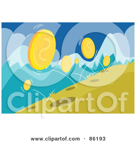 Royalty-Free (RF) Clipart Illustration of a Golden Coins Rolling And Bouncing Down A Hill by mayawizard101