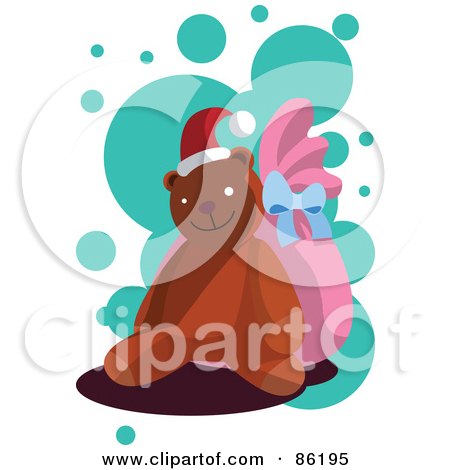 Royalty-Free (RF) Clipart Illustration of a Christmas Teddy Bear Wearing A Santa Hat And Propped Against A Pink Sack by mayawizard101