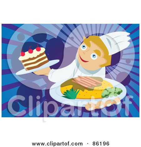 Royalty-Free (RF) Clipart Illustration of a Happy Chef Serving A Meal And Dessert by mayawizard101