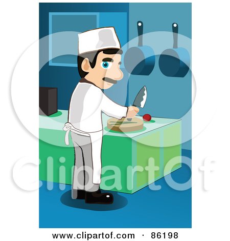 Royalty-Free (RF) Clipart Illustration of a Male Chef Looking Back While Chopping Veggies On A Cutting Board by mayawizard101