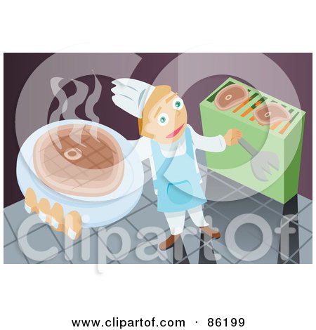Royalty-Free (RF) Clipart Illustration of a Chef Cooking And Serving Steak by mayawizard101