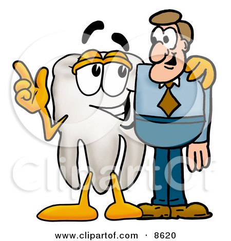 Clipart Picture of a Tooth Mascot Cartoon Character Talking to a Business Man by Mascot Junction