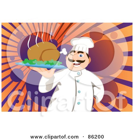 Royalty-Free (RF) Clipart Illustration of a Male Chef Presenting A Hot Cooked Turkey by mayawizard101