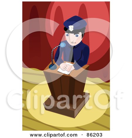 Royalty-Free (RF) Clipart Illustration of a Police Officer Giving A Speech And Standing At A Podium On A Stage by mayawizard101