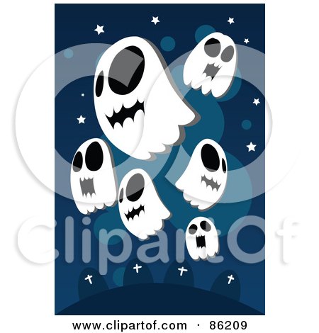 Royalty-Free (RF) Clipart Illustration of Floating Spooky Ghosts Over A Cemetery by mayawizard101