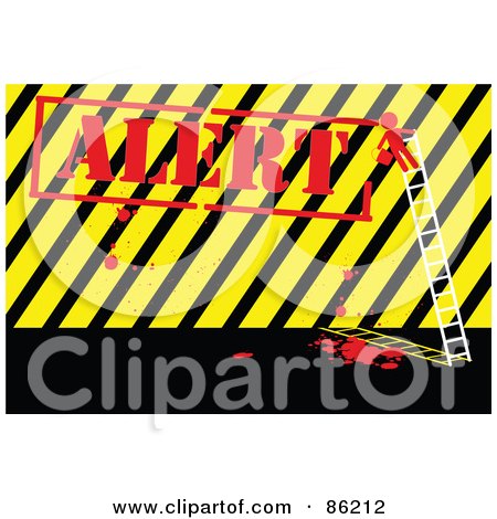 Royalty-Free (RF) Clipart Illustration of a Red Person On A Ladder, Painting Alert Over Hazard Stripes by mayawizard101