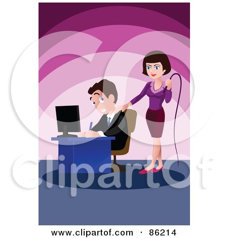 Royalty-Free (RF) Clipart Illustration of a Tough Businesswoman Holding A Whip And Standing Behind A Male Employee by mayawizard101