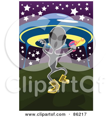 Royalty-Free (RF) Clipart Illustration of a Menacing Alien Carrying A Ray Gun And Walking Away From A UFO by mayawizard101