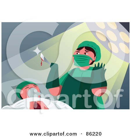 Royalty-Free (RF) Clipart Illustration of a Surgeon In Green Scrubs, Holding A Dripping Scalpel by mayawizard101