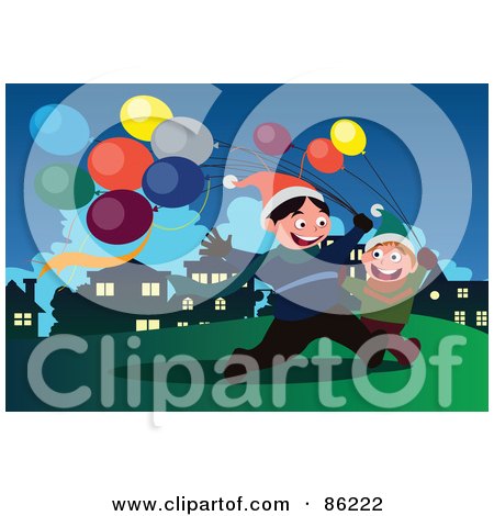 Royalty-Free (RF) Clipart Illustration of Two Boys Running Through A Park With Balloons by mayawizard101