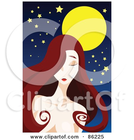 Royalty-Free (RF) Clipart Illustration of a Woman With Long Brunette Hair, Standing Lonely Under A Full Moon by mayawizard101