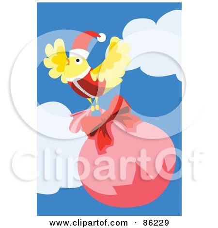 Royalty-Free (RF) Clipart Illustration of a Yellow Christmas Bird Flying Away With A Sack by mayawizard101