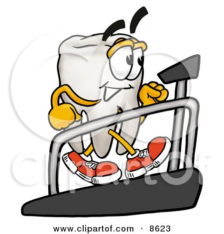 Clipart Picture of a Tooth Mascot Cartoon Character Walking on a Treadmill in a Fitness Gym by Mascot Junction