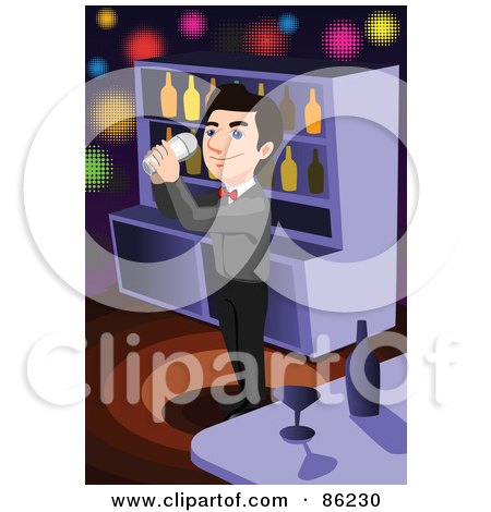 Royalty-Free (RF) Clipart Illustration of a Happy Bartender Mixing A Drink In A Tumbler by mayawizard101