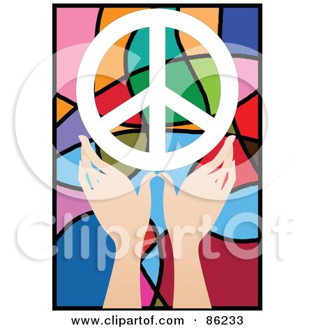 Royalty-Free (RF) Clipart Illustration of a Pair Of Hands With A Peace Symbol Over Stained Glass by mayawizard101