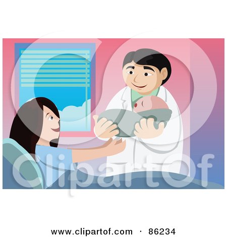 Royalty-Free (RF) Clipart Illustration of a Male Doctor Presenting A Mother With Her New Child by mayawizard101
