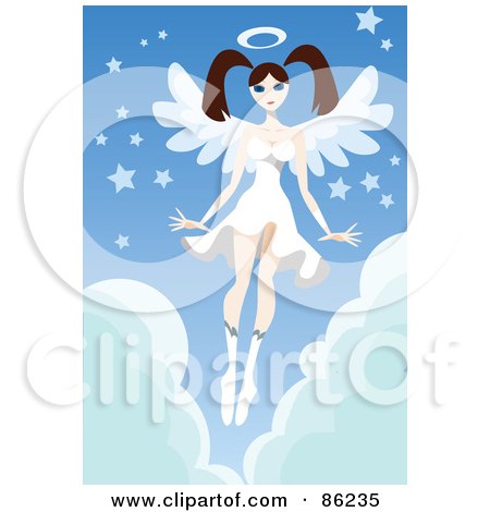 Royalty-Free (RF) Clipart Illustration of a Brunette Female Angel In A White Dress, Hovering Over Clouds With Stars by mayawizard101