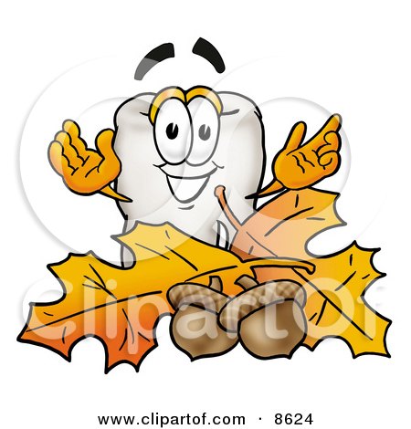 Clipart Picture of a Tooth Mascot Cartoon Character With Autumn Leaves and Acorns in the Fall by Mascot Junction