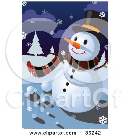 Royalty-Free (RF) Clipart Illustration of a Winter Snowman In A Scarf And Top Hat On A Snowy Night by mayawizard101