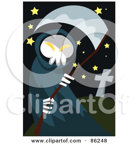 Royalty-Free (RF) Clipart Illustration of a Grim Reaper With Scythe In A Cemetery Posters, Art Prints