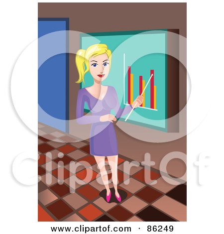 Royalty-Free (RF) Clipart Illustration of a Blond Businesswoman Pointing To A Bar Graph Chart by mayawizard101
